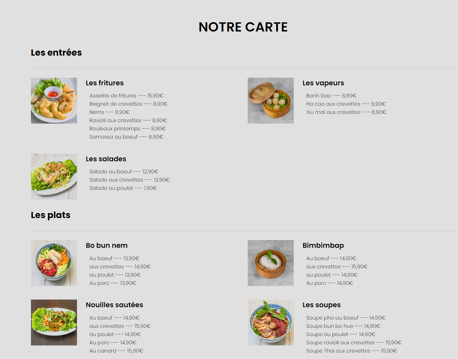 Aperçu site freelance — carte menu